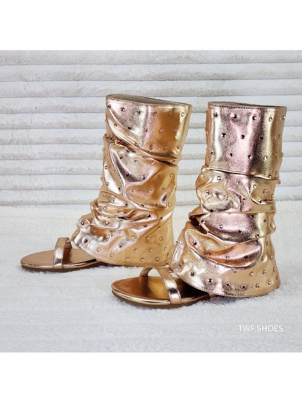 Fabulous Metallic Rose Gold Upper & Rhinestones Sandal Slouch Boots Shooties